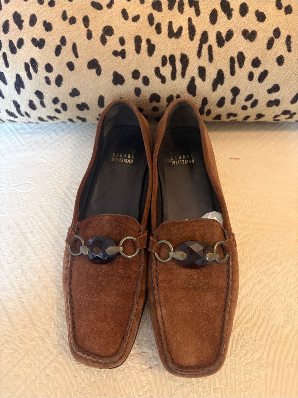 Stuart Weitzman Brown Suede Loafers with Faceted Chain Accent